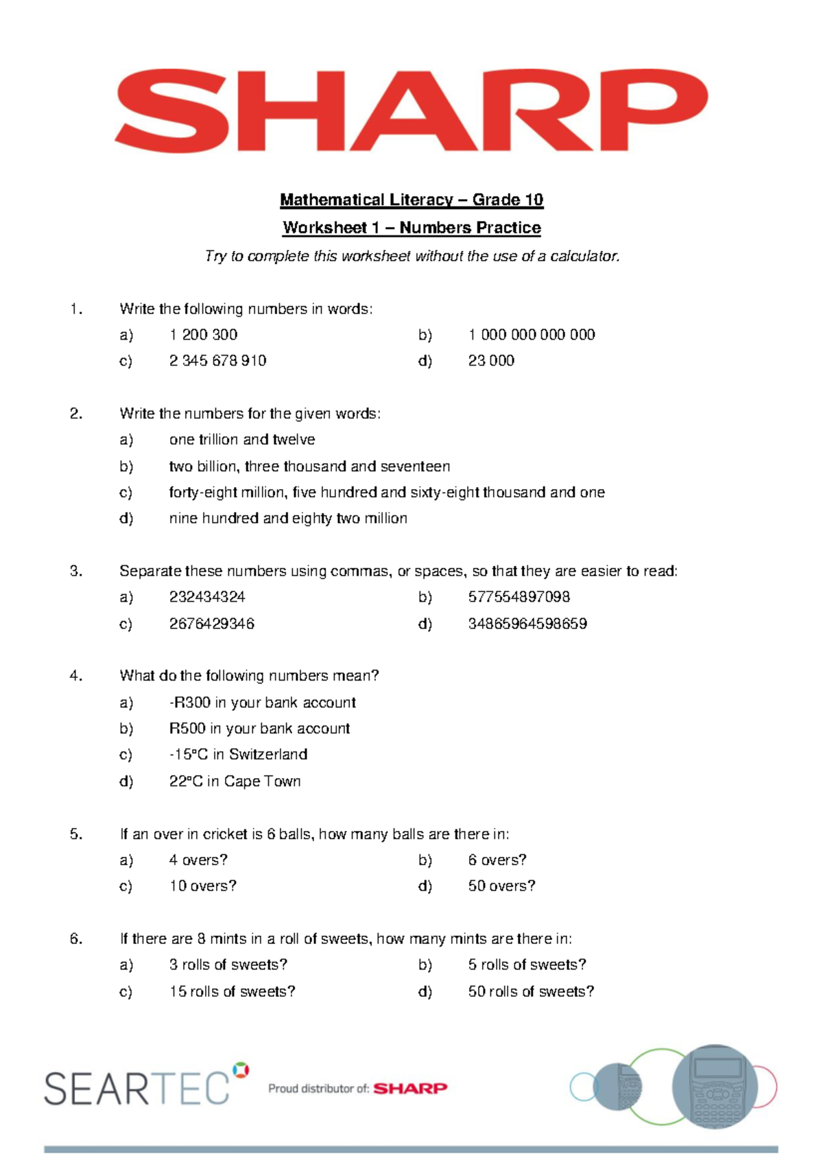 Mathematical Literacy G10 Worksheet 1: Numbers Practice - Studocu