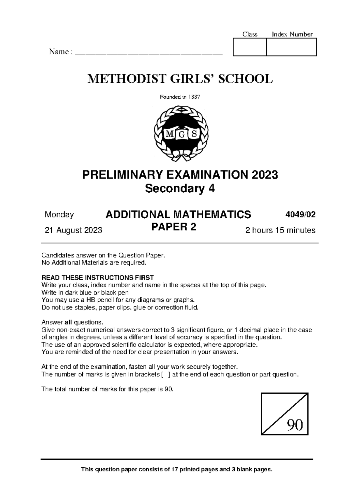 MGS 2023 Sec 4 Preliminary Exam Additional Mathematics Paper 2 Answer ...
