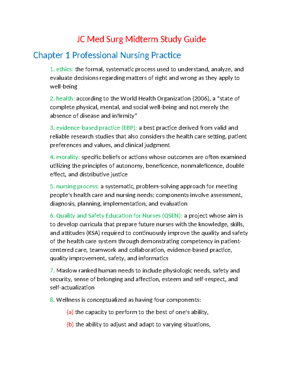 JC Med Surg Midterm Study Guide: Key Concepts and Nursing Practices ...