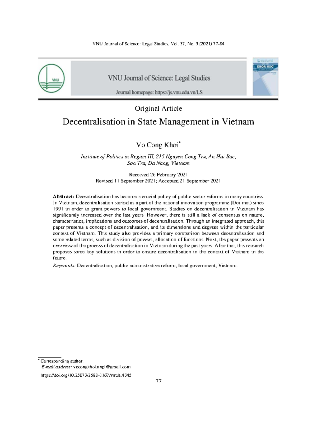 Decentralisation in State Management in Vietnam: VNU Legal Studies Vol ...