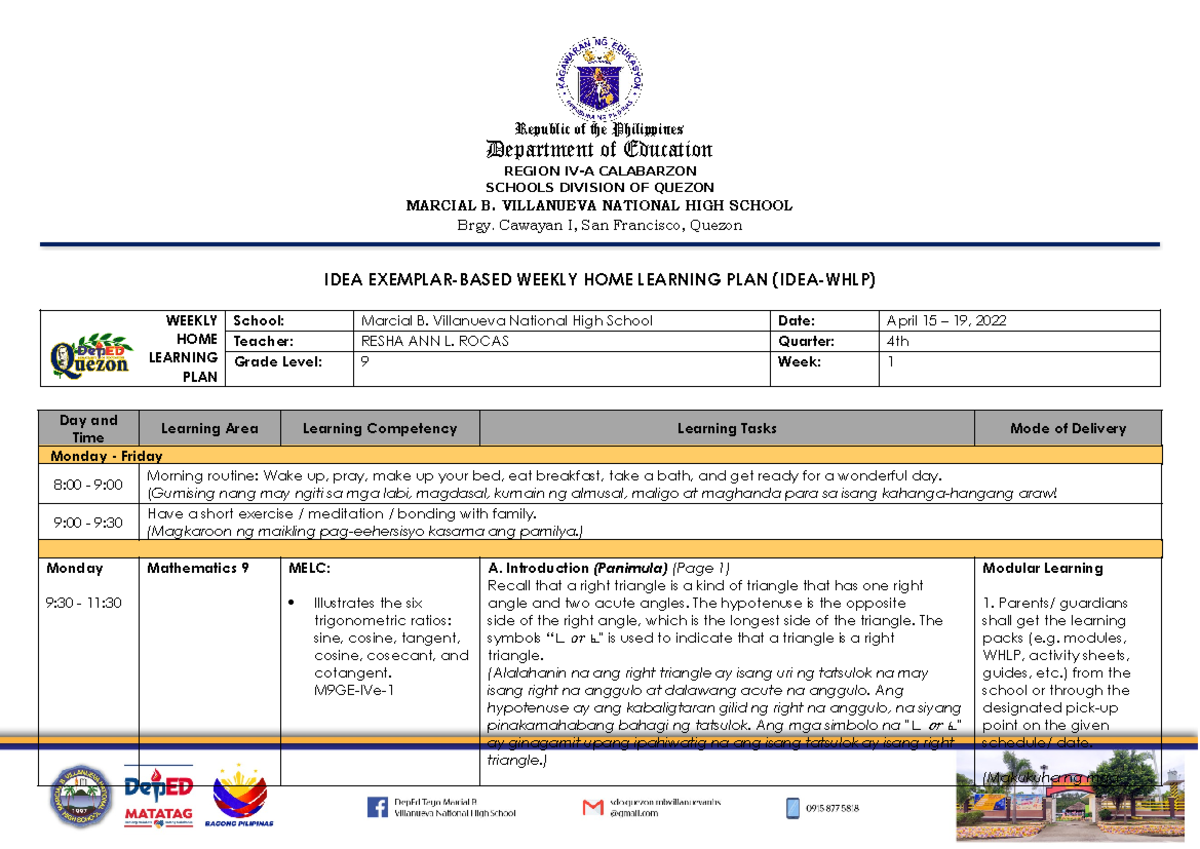 Q4 MATH9 WHLP W1 - lesson plan - Republic of the Philippines Department ...