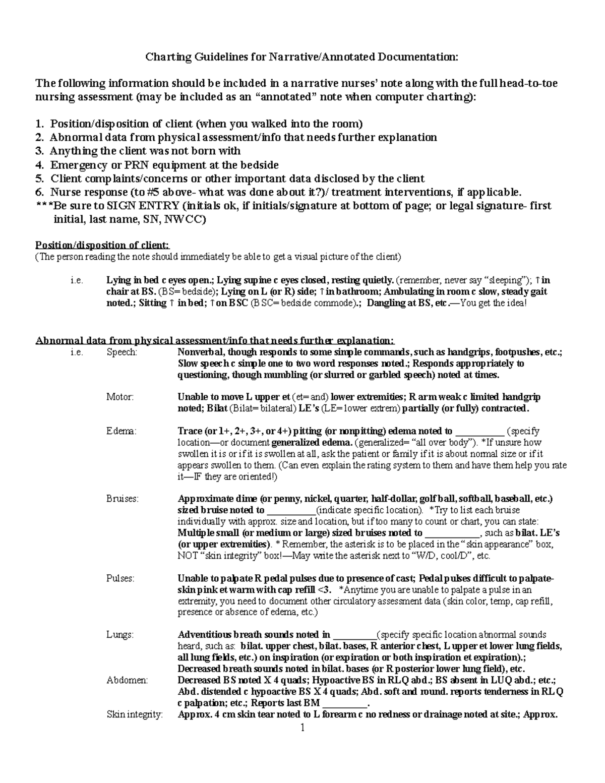 Narrative Nurse's Note-Guideline - Charting Guidelines for ...