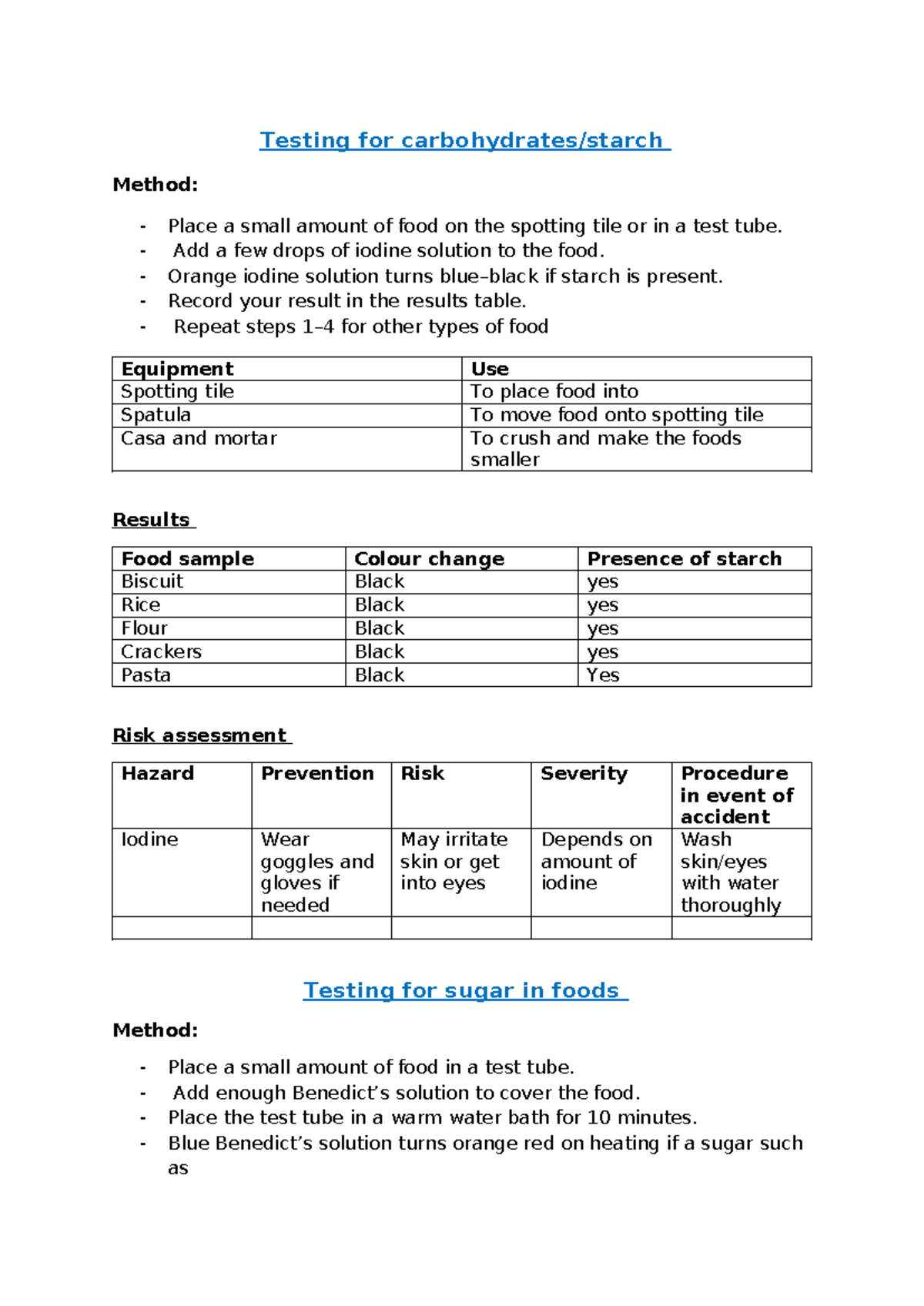 Food Group Tests: Unit 8 Aim C - Starch, Sugar, Vitamin C, and Protein ...