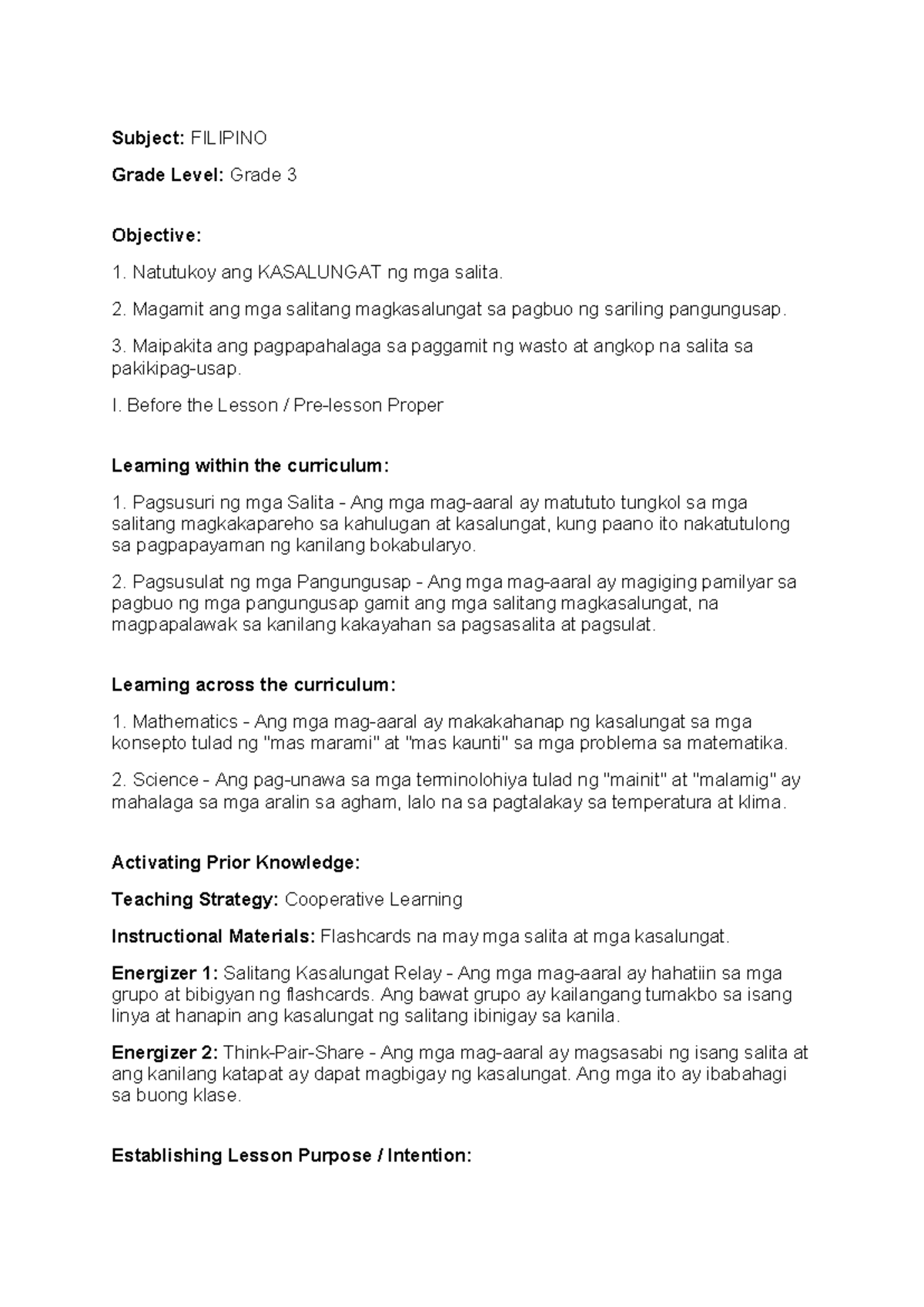 Lesson Plan: Kasalungat sa Filipino (Grade 3) - Document Preview