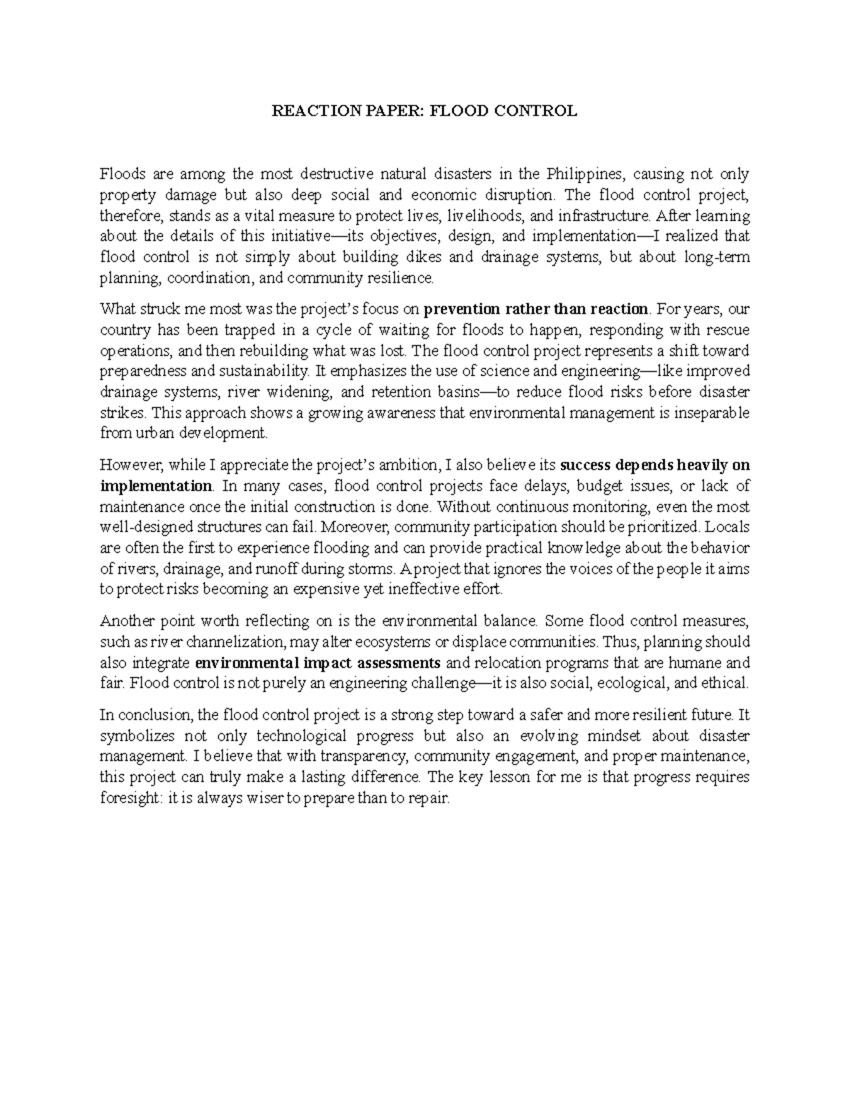 Reaction Paper: Flood Control Strategies and Community Resilience - Studocu