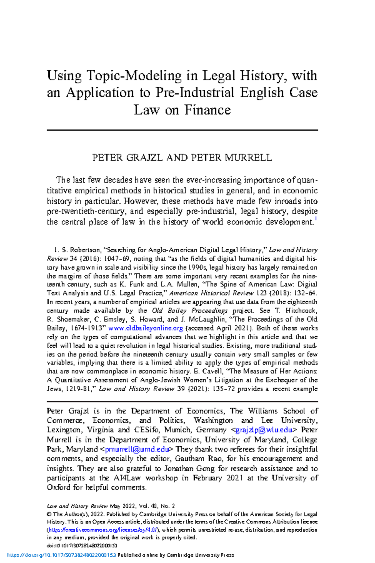 Using topic modeling in legal history with an application to pre ...
