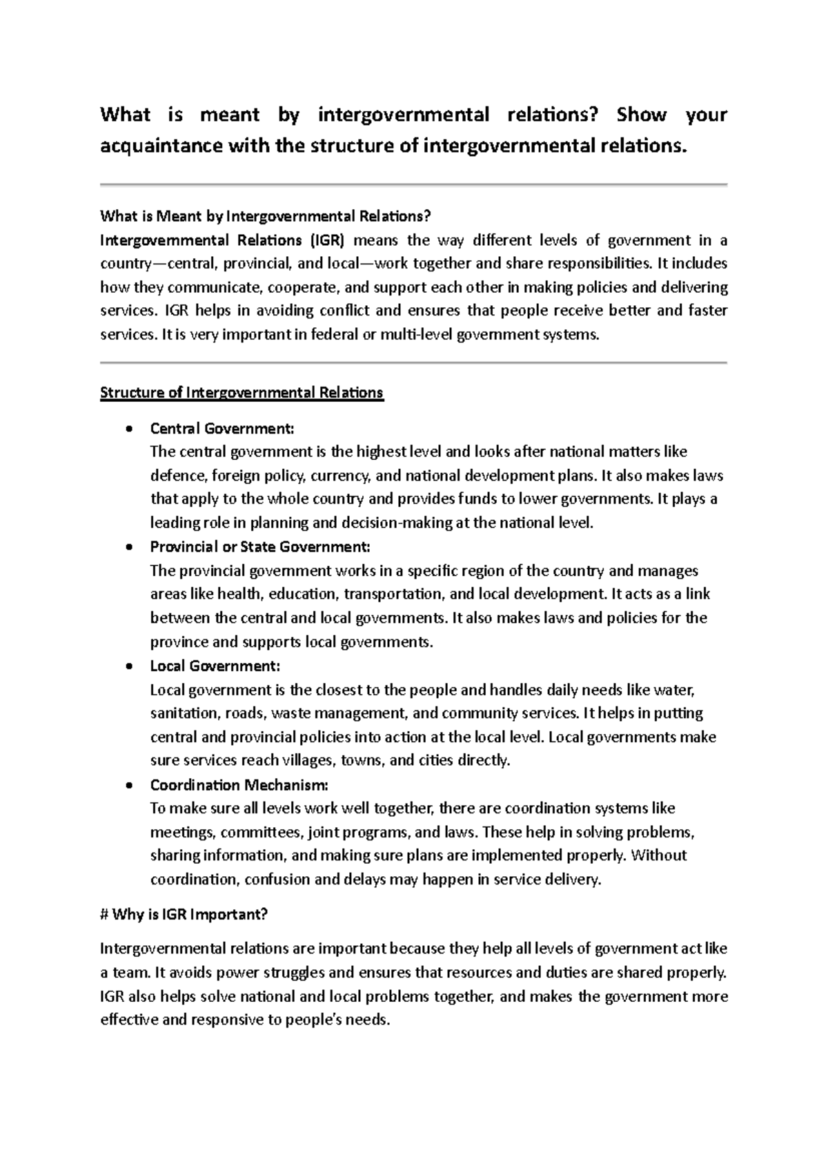 Intergovernmental Relations: Structure and Importance Explained - Studocu