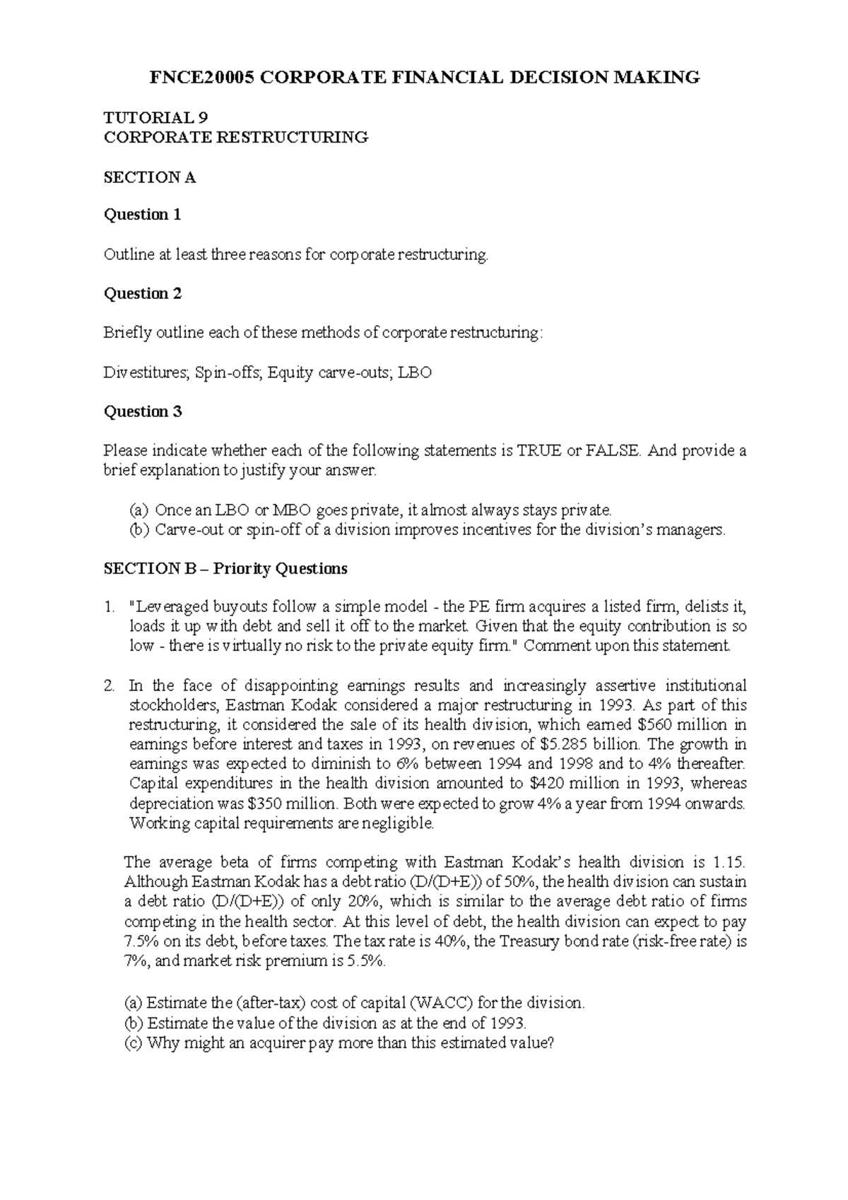 CORPORATE FINANCIAL DECISION MAKING TUTORIAL 9: RESTRUCTURING ANALYSIS ...