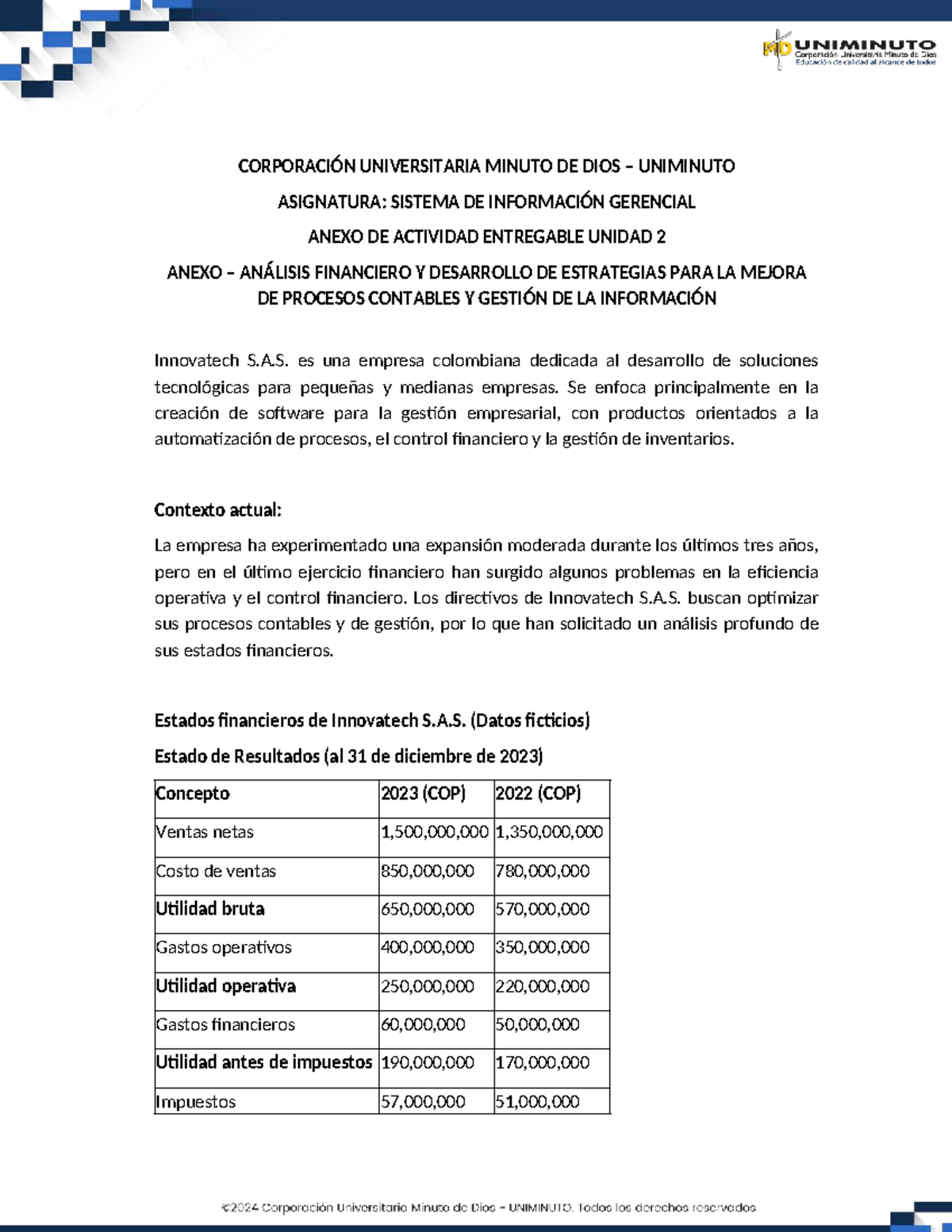 Análisis Financiero y Estrategias de Mejora - UNIMINUTO SIG 2023 - Studocu