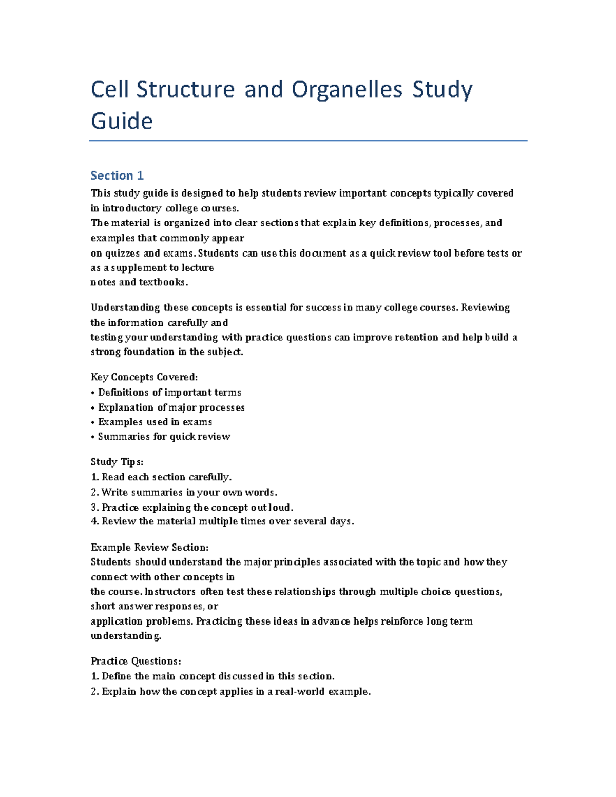 Cell Structure and Organelles Study Guide: Key Concepts & Tips - Studocu