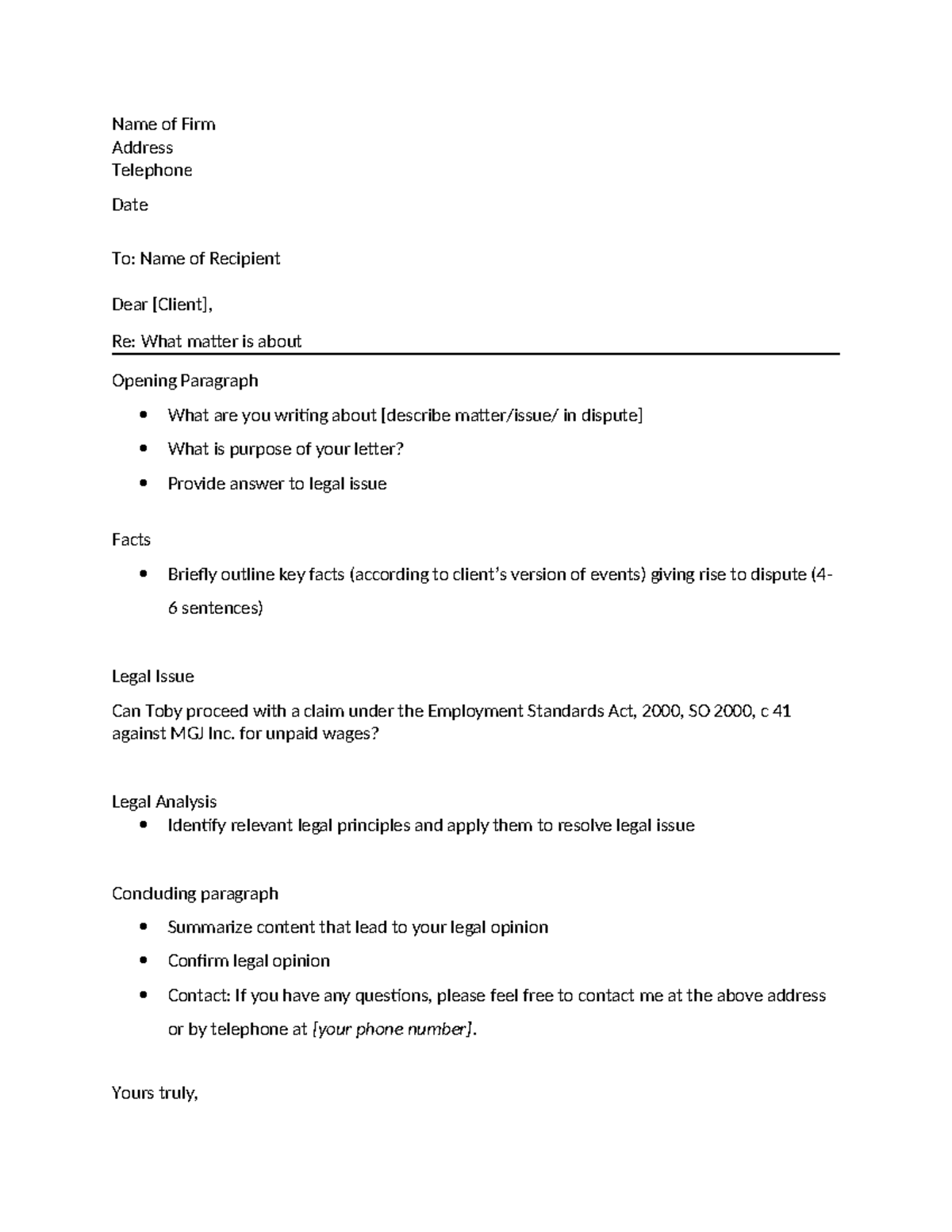Client Letter Template: Legal Analysis on Employment Standards Act ...