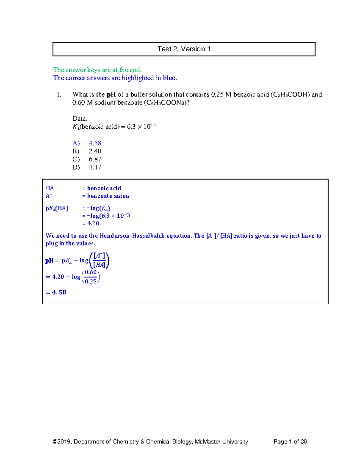 Chem 1AA3 2019 Test 2 Solutions Updated - The answer keys are at the ...