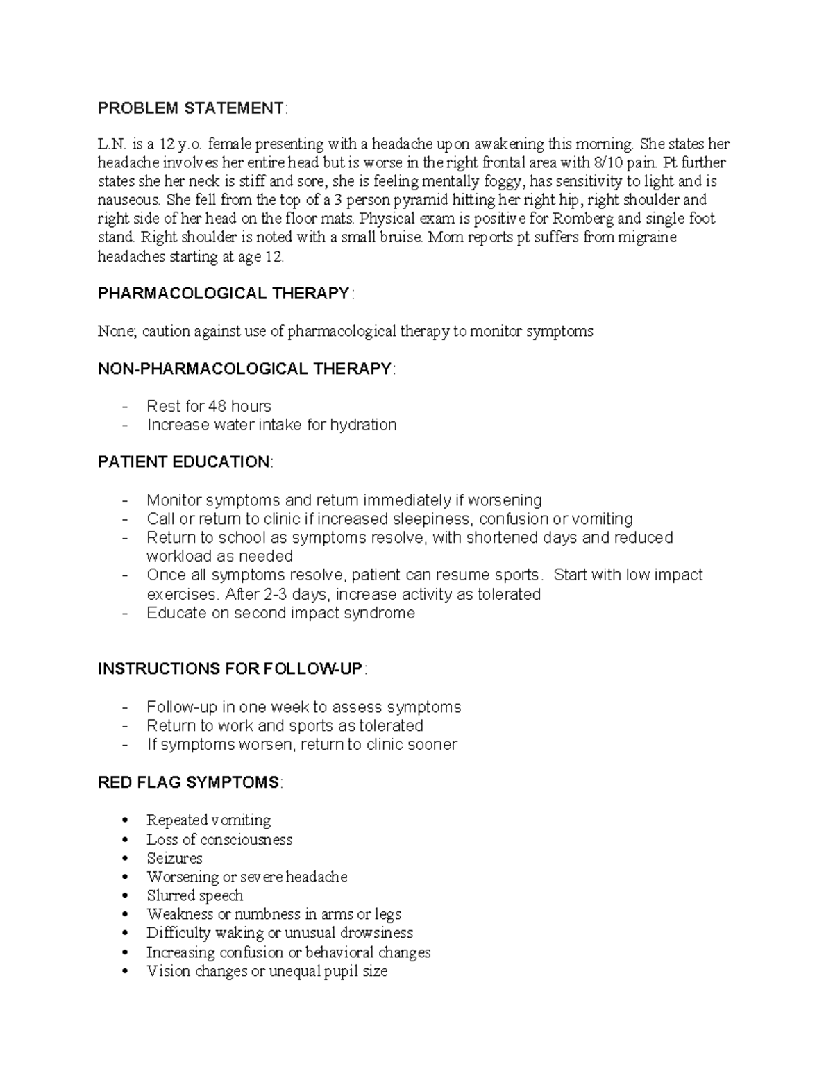 L.N. Case Study: 12 y.o. Female with Headache & Symptoms Evaluation ...