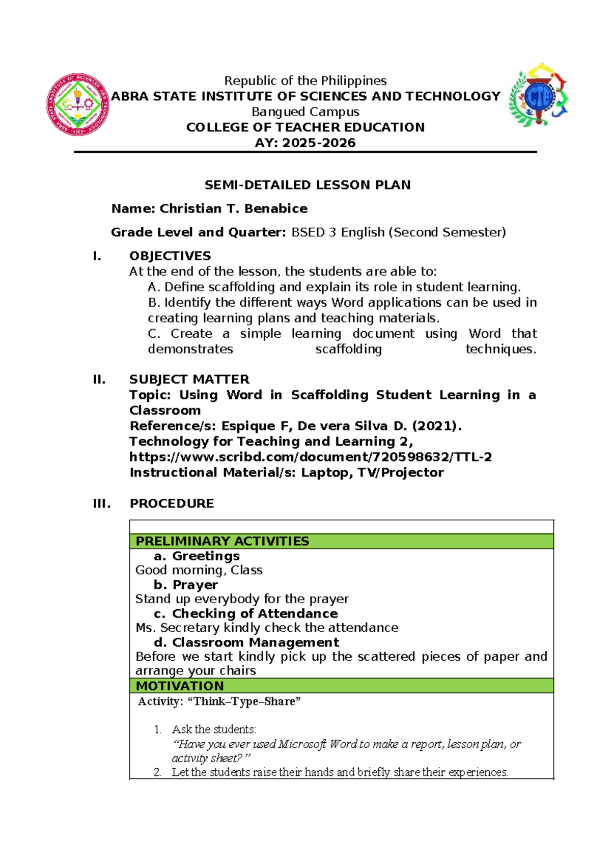 BSED 3 English Lesson Plan On Scaffolding With Word Applications Studocu