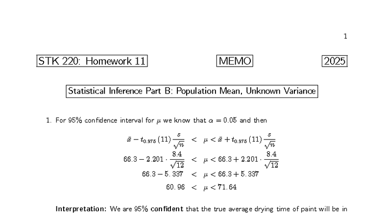 1 STK 220: Homework 11 MEMO - Statistical Inference on Population Mean ...