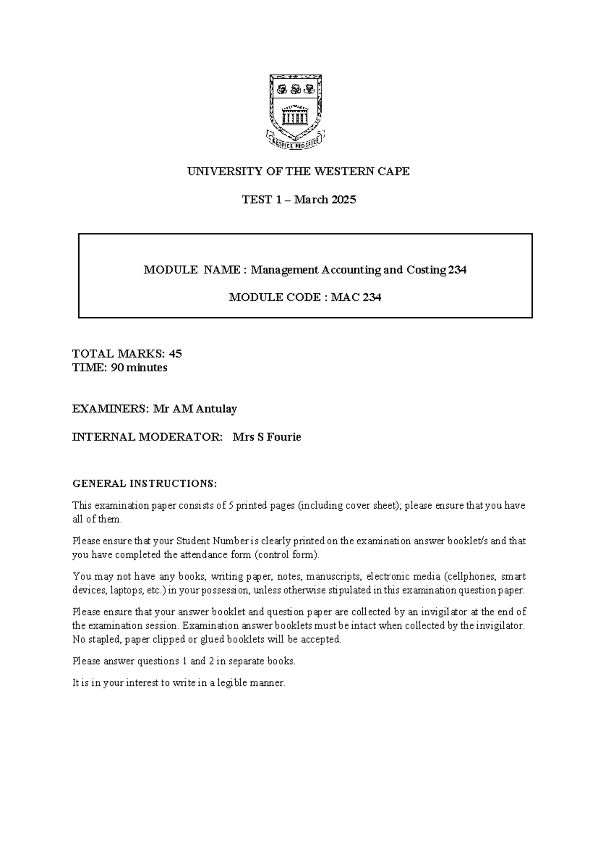 Test 1 2025 - Management Accounting & Costing MAC 234 - Studocu