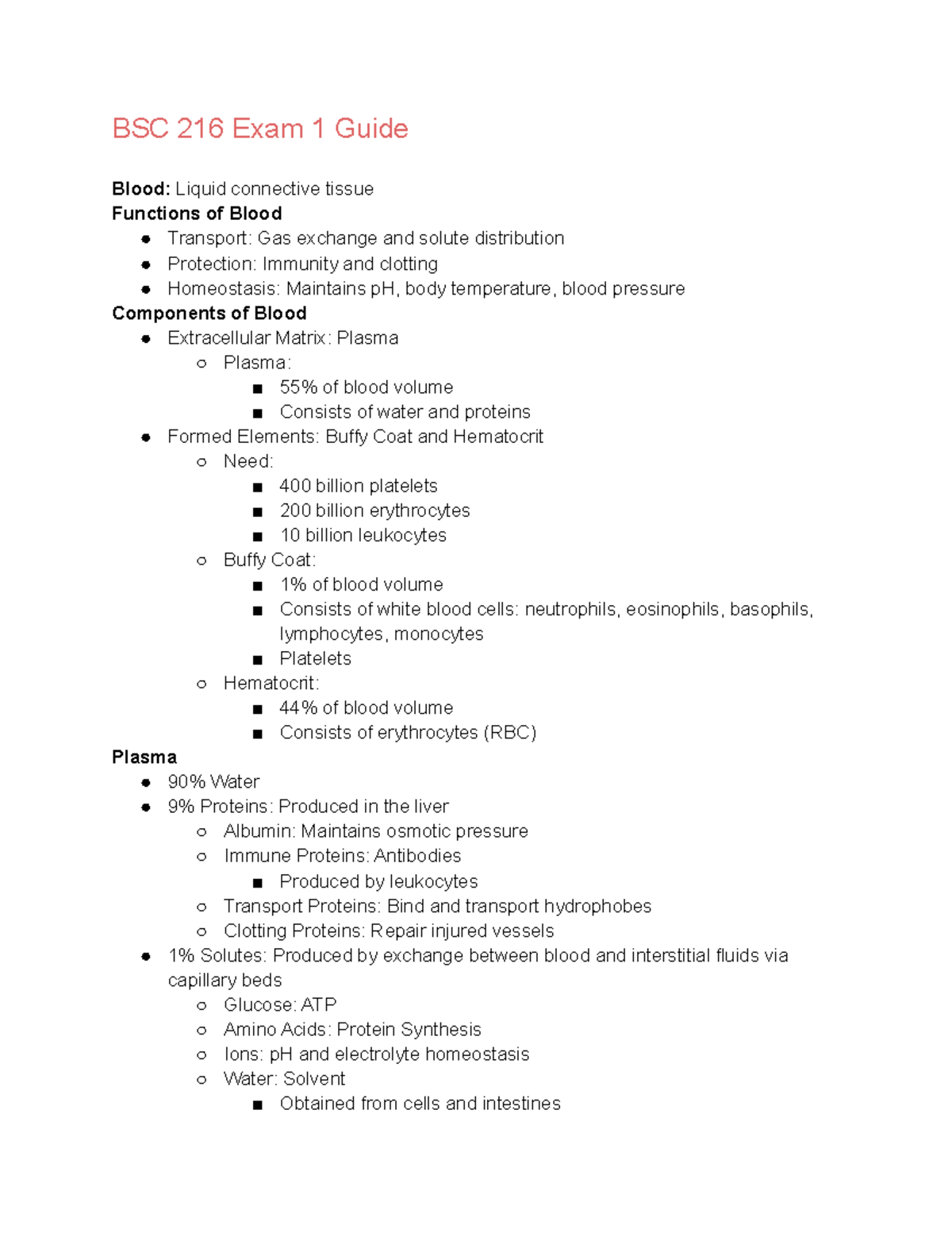 BSC 216 Exam 1 Study Guide: Key Concepts in Blood and Circulation - Studocu