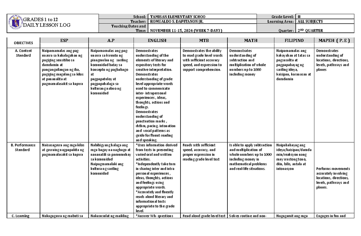 DLL ALL Subjects 2nd Quarter Week 7 Day 3 - Studocu