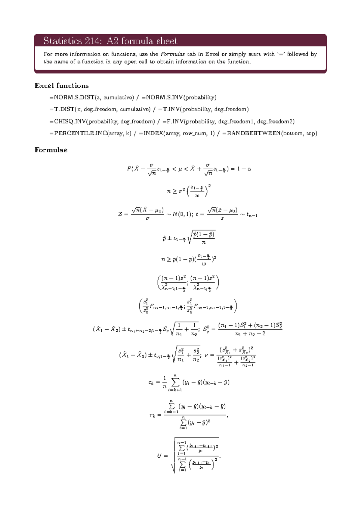 Statistics 214: A2 Formula Sheet for Excel Functions and Statistics ...