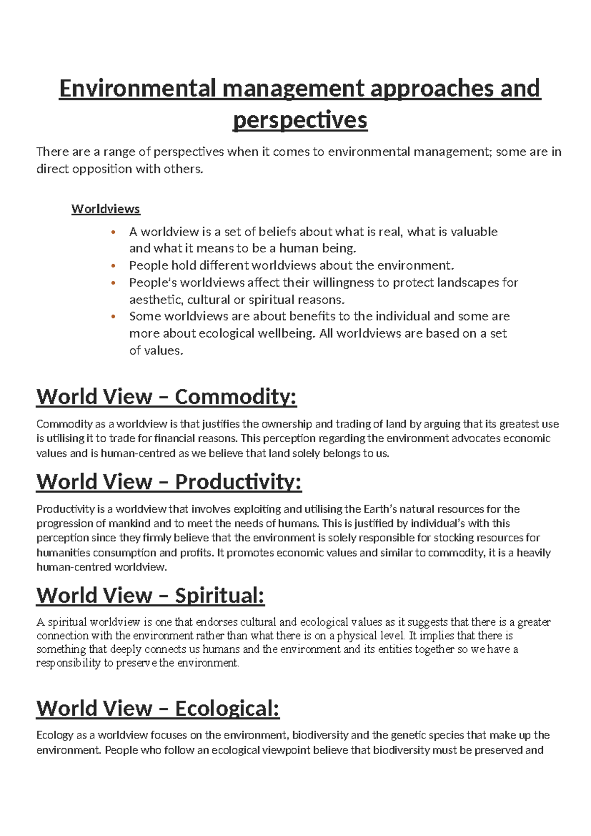 Environmental Management: Perspectives and Worldviews Worksheet - Studocu