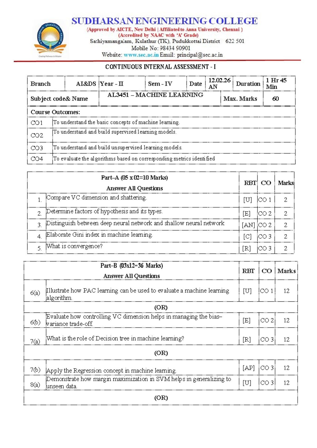 AL3451 Machine Learning - Continuous Internal Assessment I - Studocu