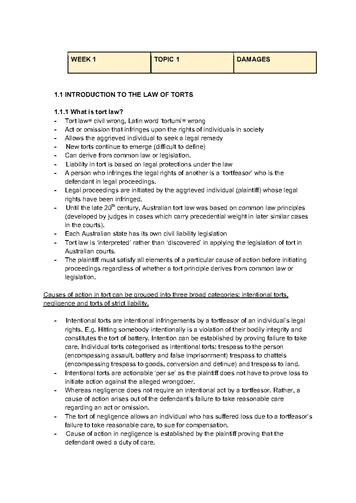 MLL213 Final Exam Notes on Torts Law: Key Concepts and Principles - Studocu