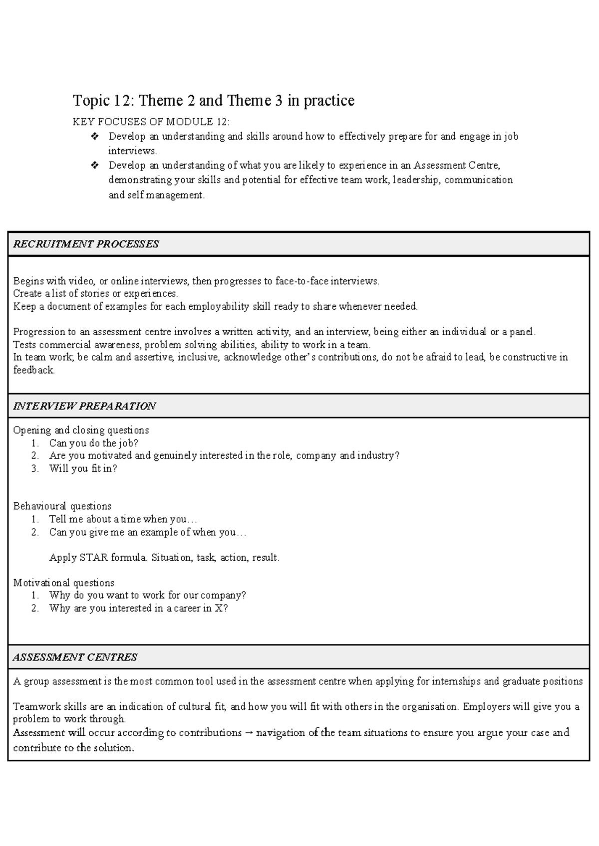 Module 12: Job Interview & Assessment Centre Preparation Guide - Studocu