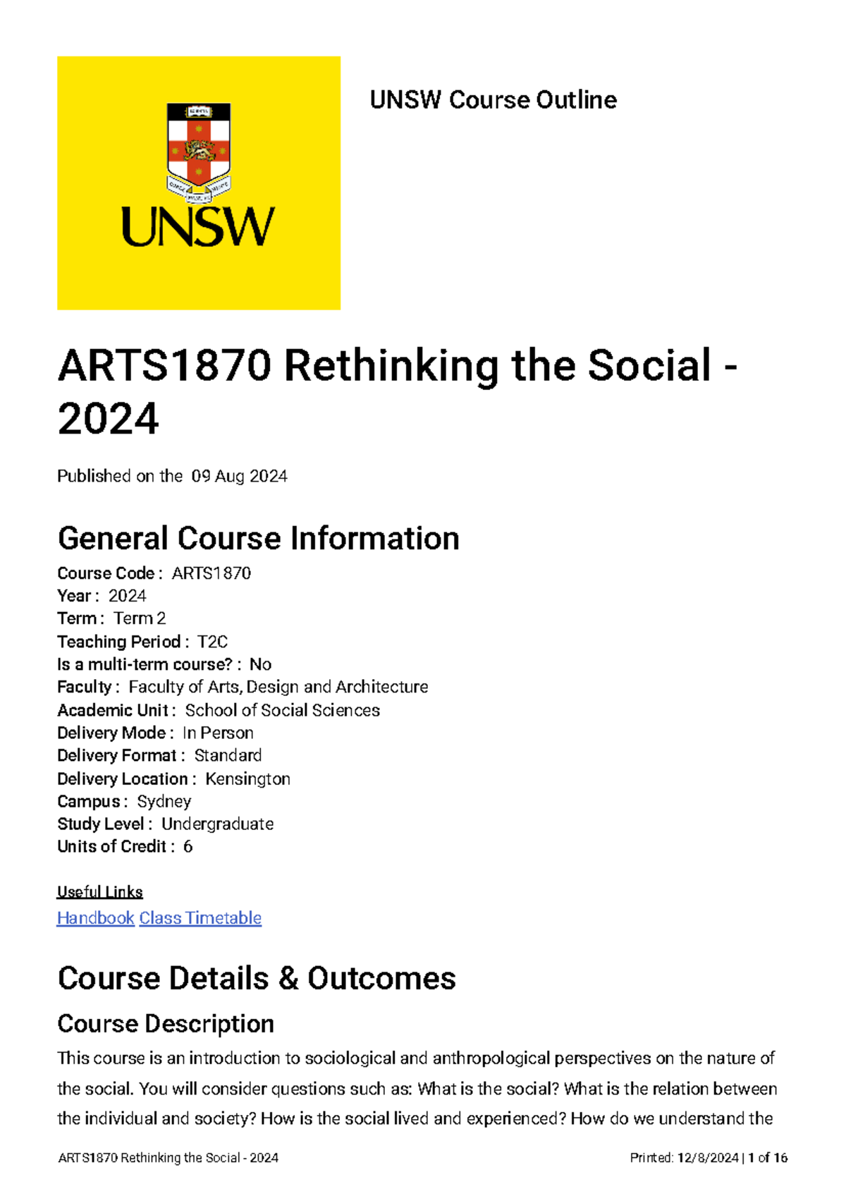 ARTS1870 Course Outline: Rethinking the Social - Term 2C 2024 - Studocu