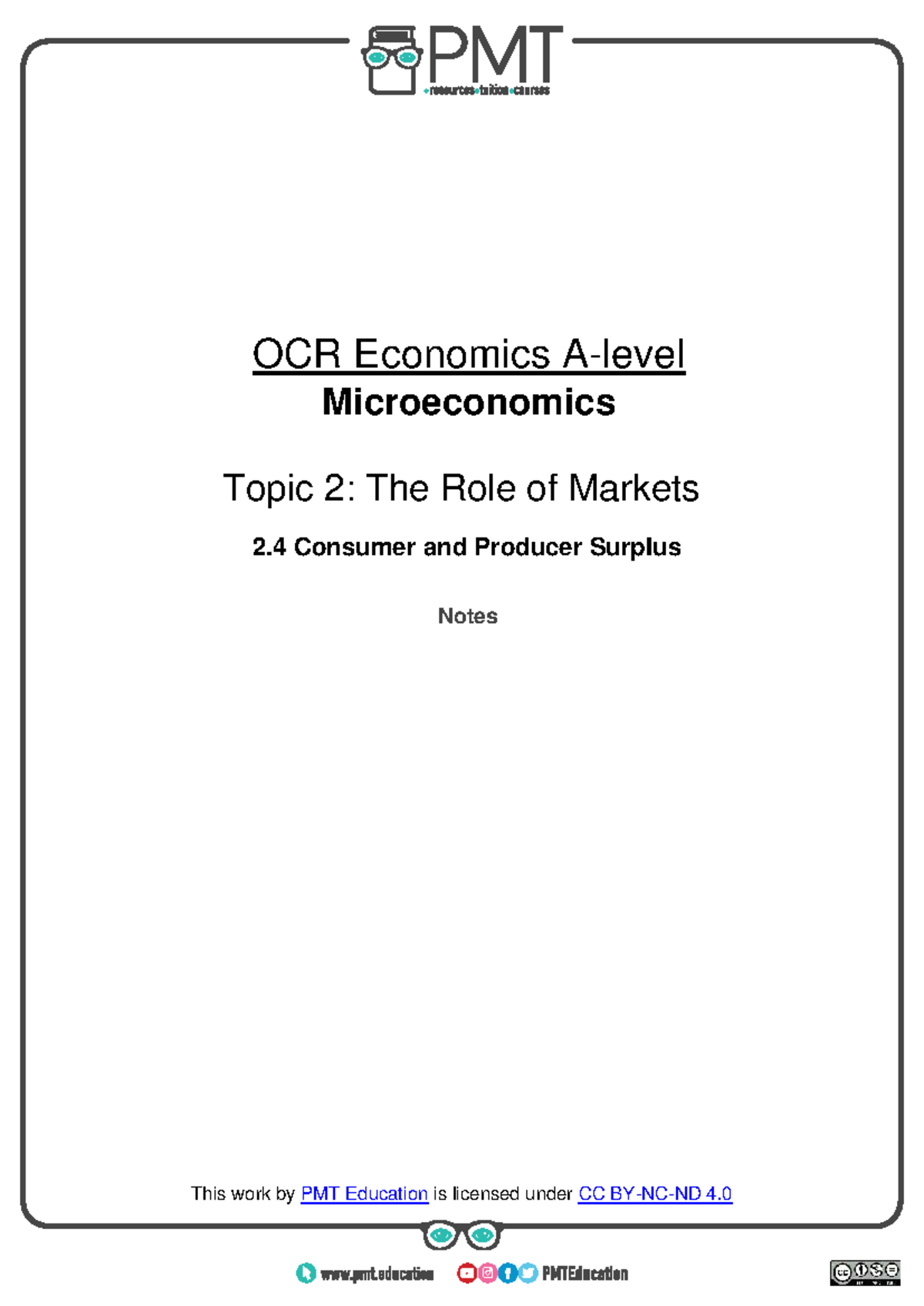 OCR Economics Microeconomics Topic 2.4: Consumer & Producer Surplus ...