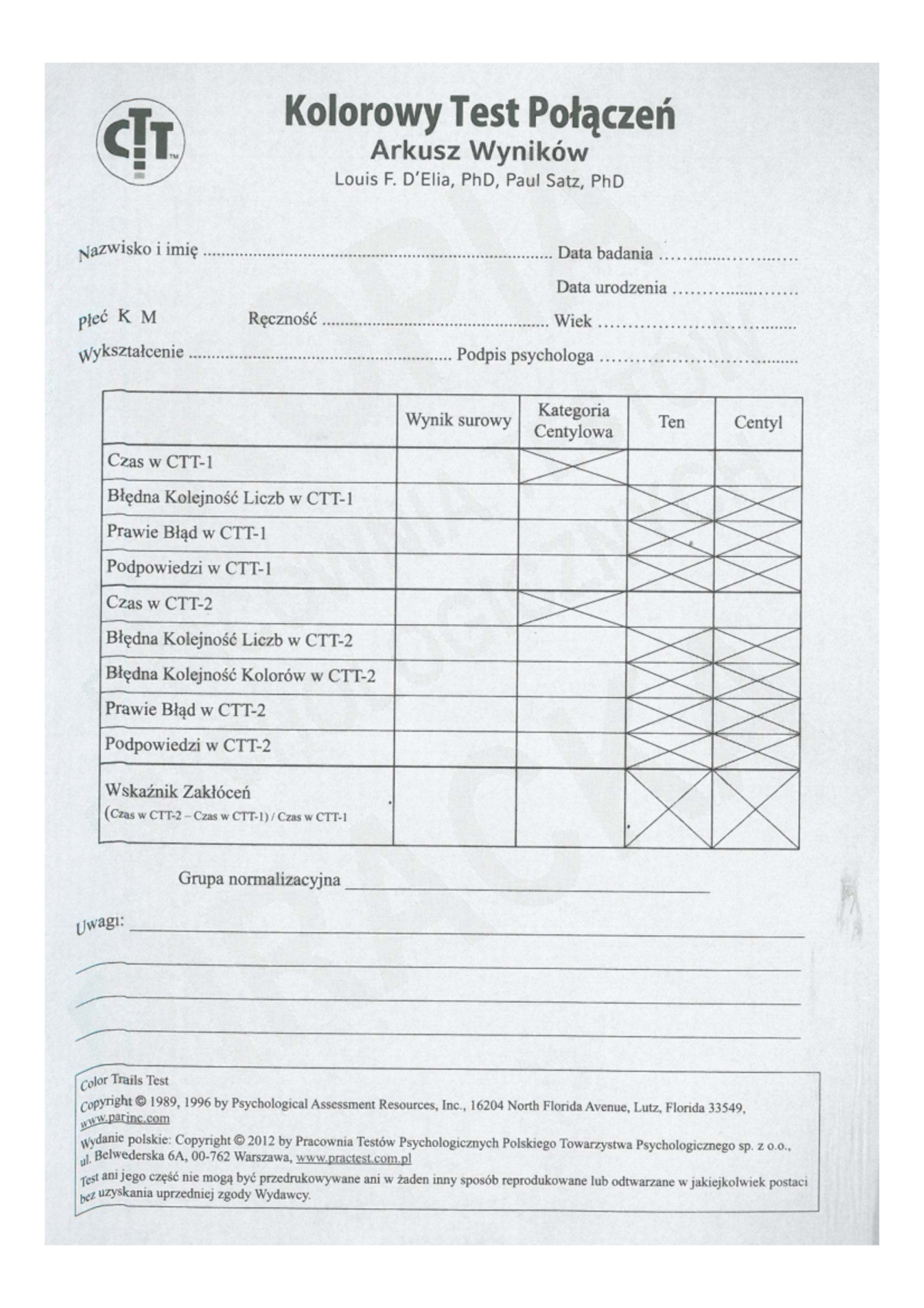 CTT Kolorowy Test Połączeń TM - Arkusz Wyników dla Dorosłych - Studocu