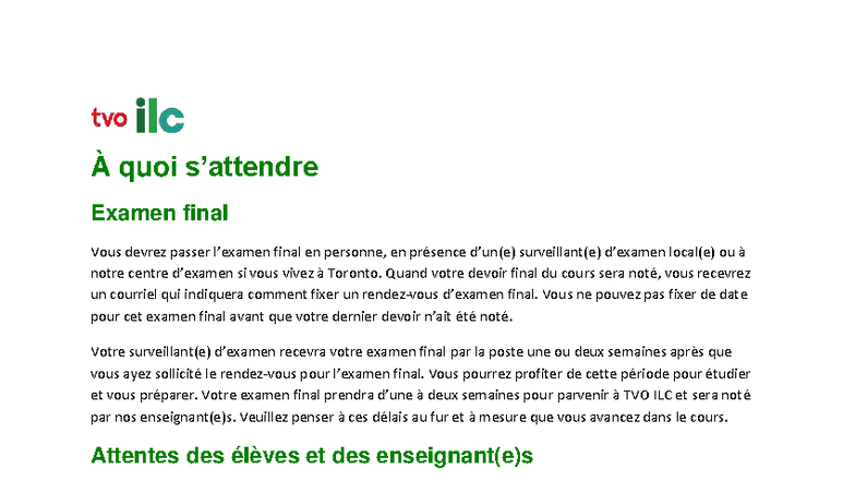 À quoi s'attendre pour l'Examen final - TVO ILC - Studocu
