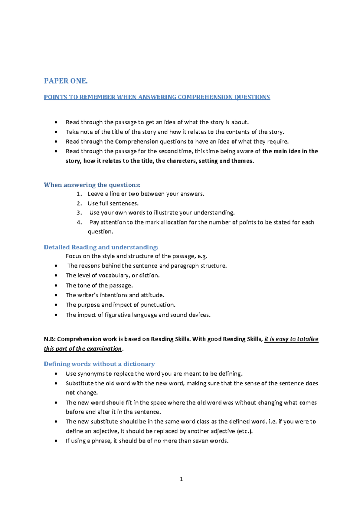 Comprehension Skills - Comprehensio notes - PAPER ONE. POINTS TO ...
