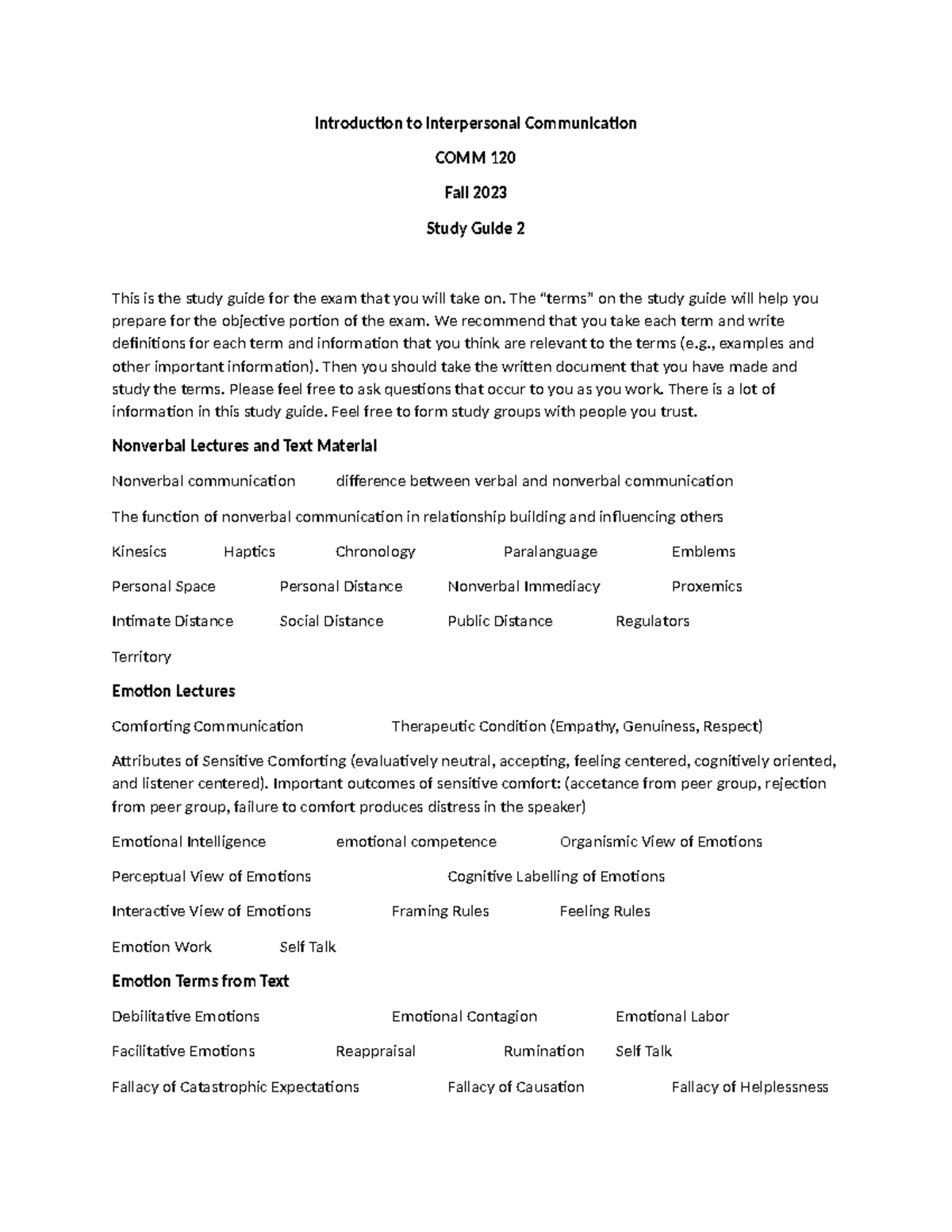COMM 120 Fall 2023 Study Guide 2: Interpersonal Communication Exam Prep ...