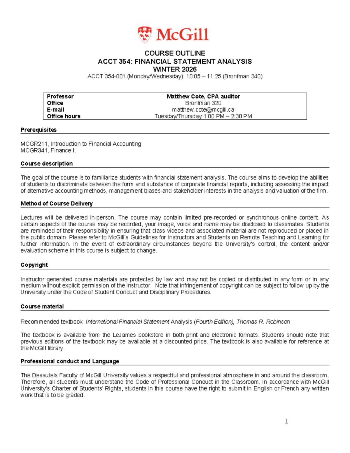 ACCT 354: Financial Statement Analysis Course Outline Winter 2026 - Studocu
