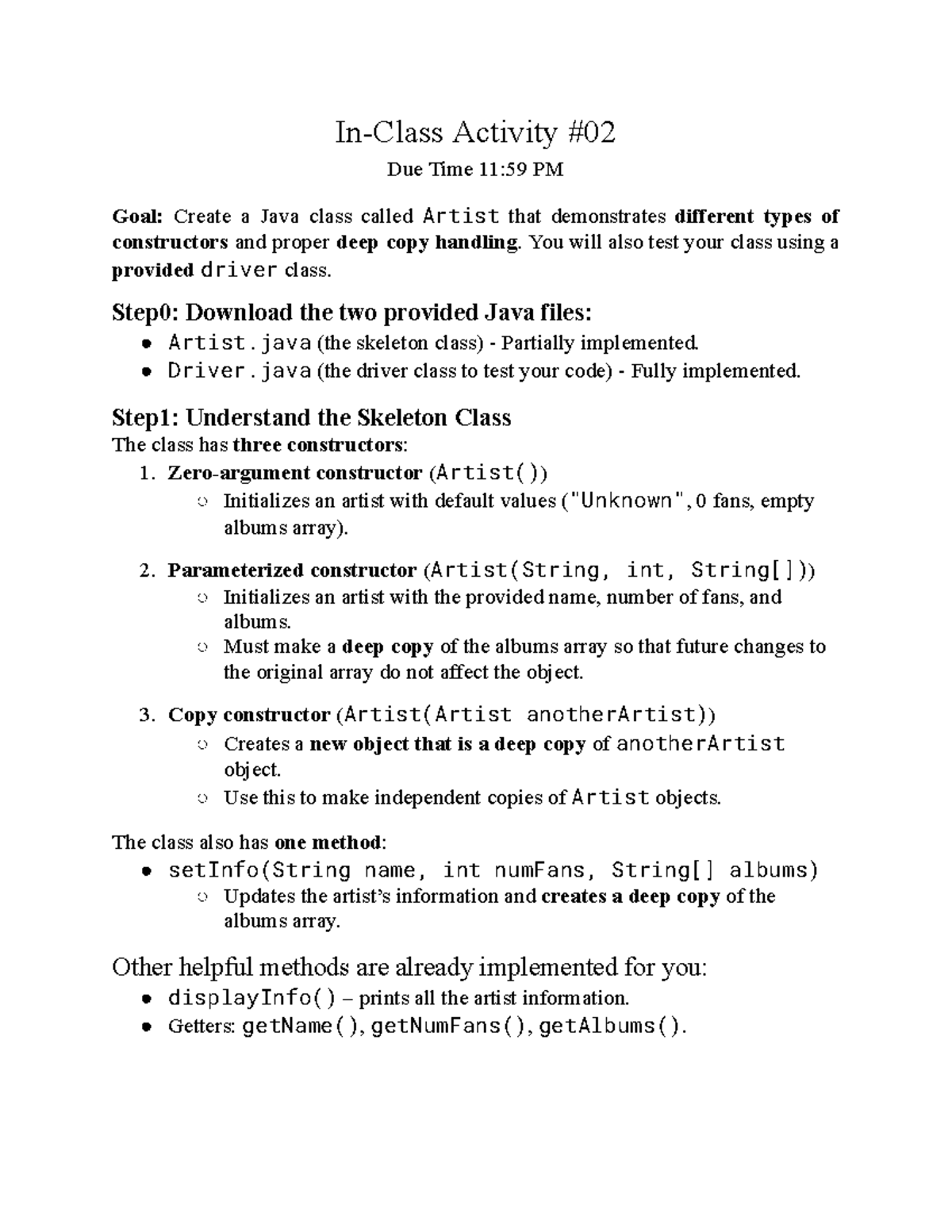 In-Class Activity #02: Java Artist Class Constructors for CS 210 - Studocu