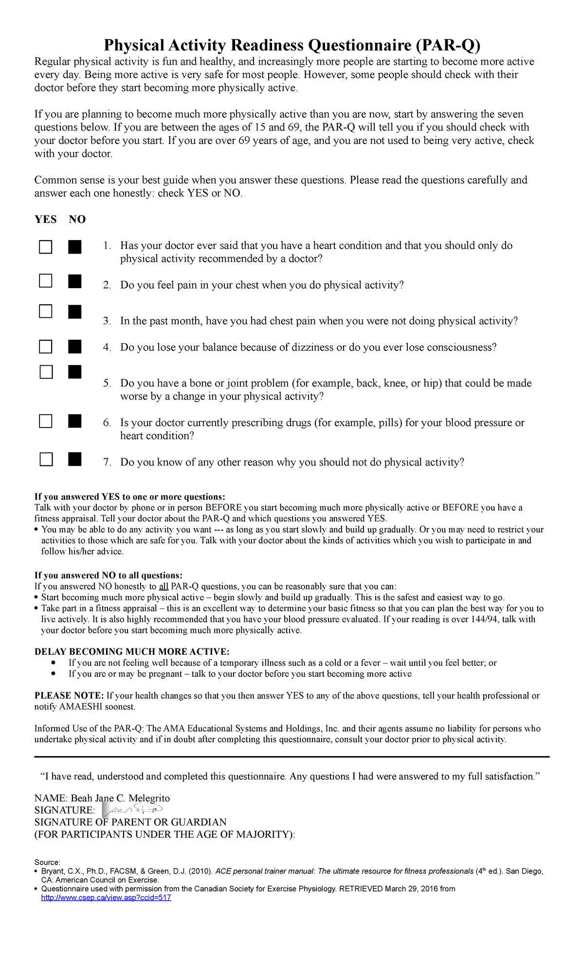 PAR-Q Health Assessment and Exercise History Form - Studocu