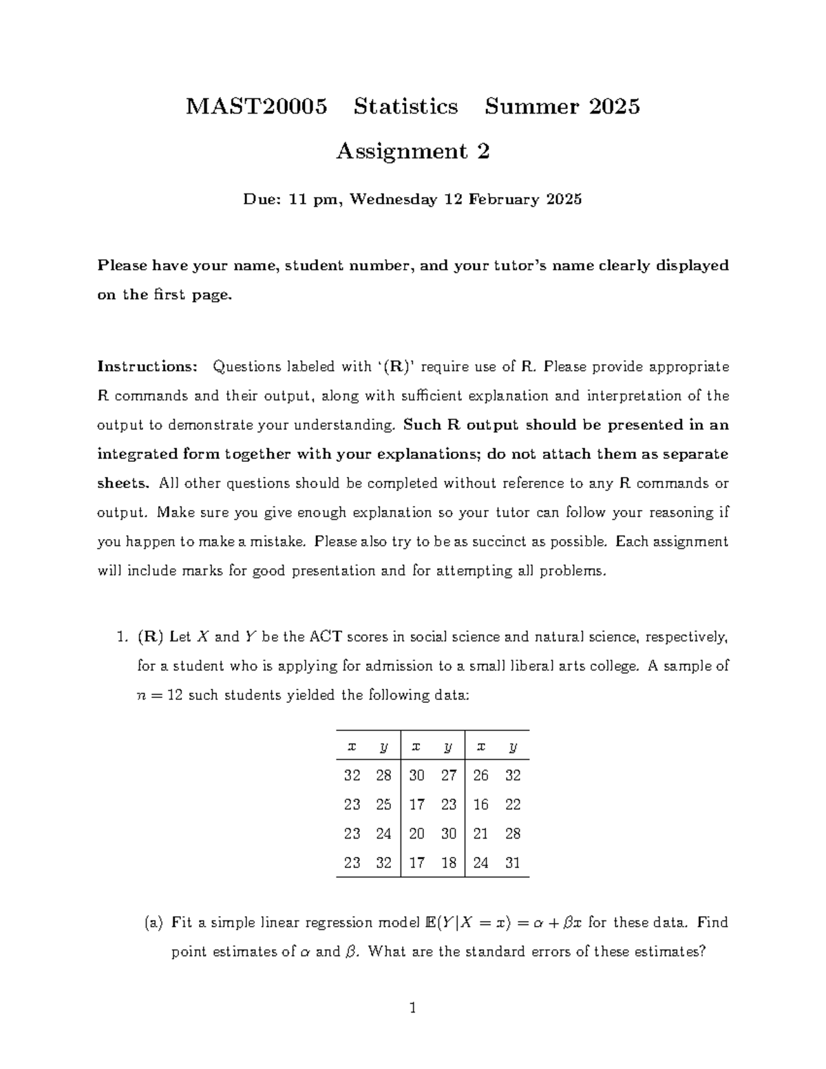 MAST 20005 Statistics Summer 2025 Assignment 2 Guidelines - Studocu