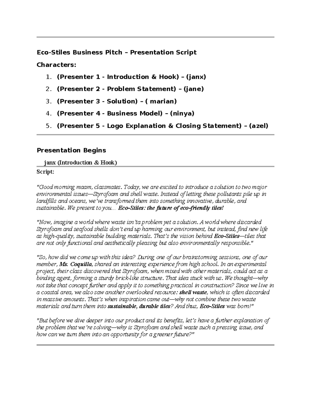 Eco-Stiles Project Presentation Script for Techno 101 - Studocu