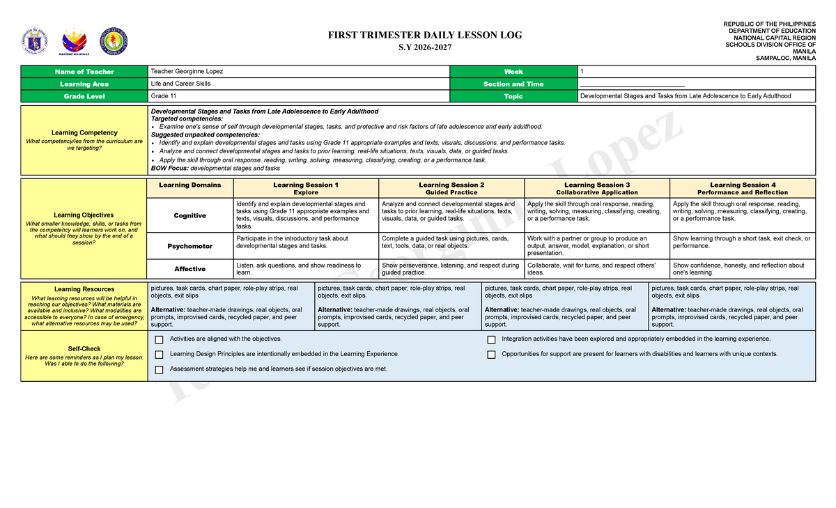 G11 First Trimester Daily Lesson Log: Developmental Stages - Studocu