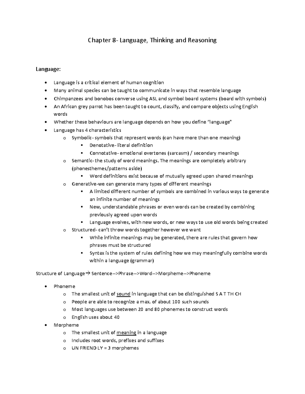 Lecture notes - Chapter 8 - 10, 12 - 16 - Chapter 8- Language, Thinking ...
