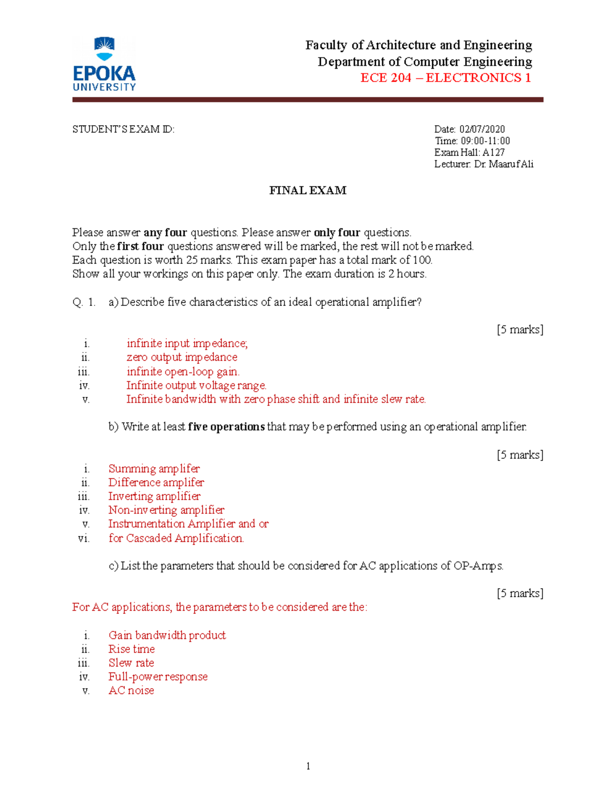 ECE 204 Final Exam Solutions: Comprehensive Guide for Electronics 1 ...