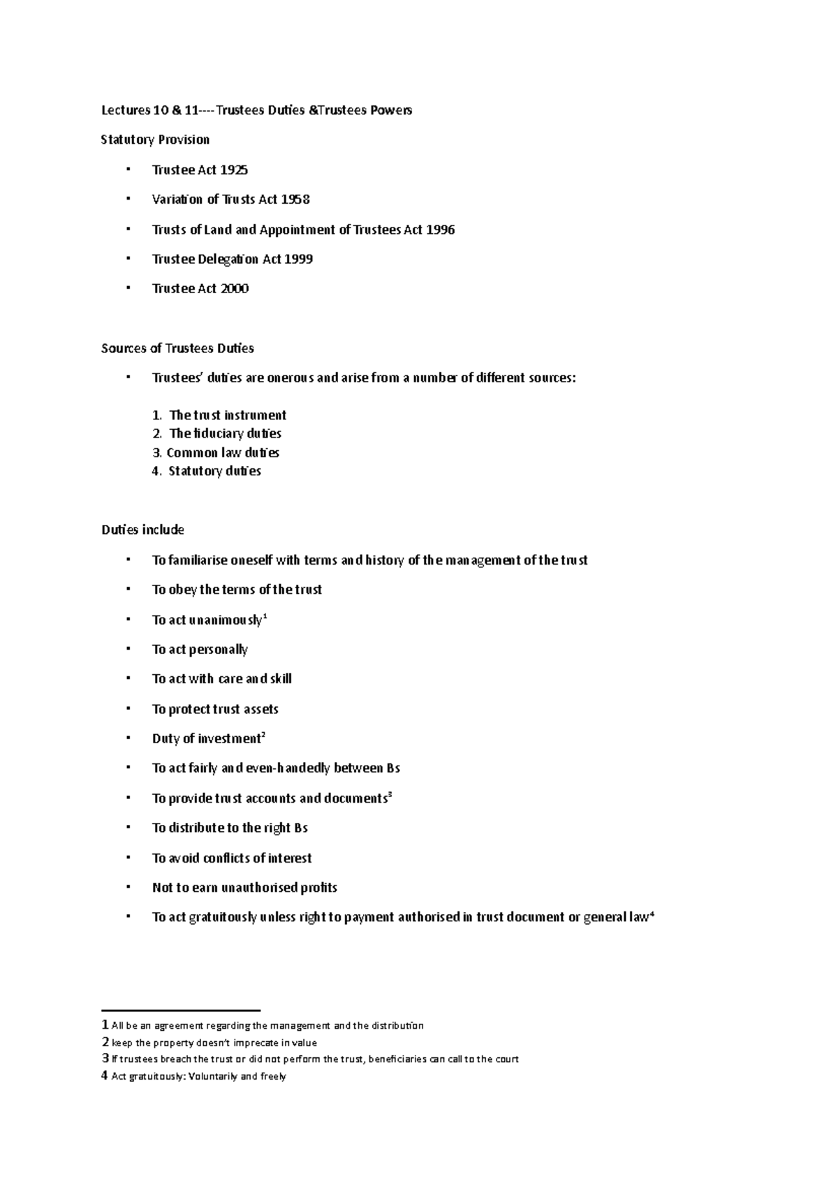 Equity & Trusts (LAW202) Lecture Notes: Duties and Powers of Trustees ...