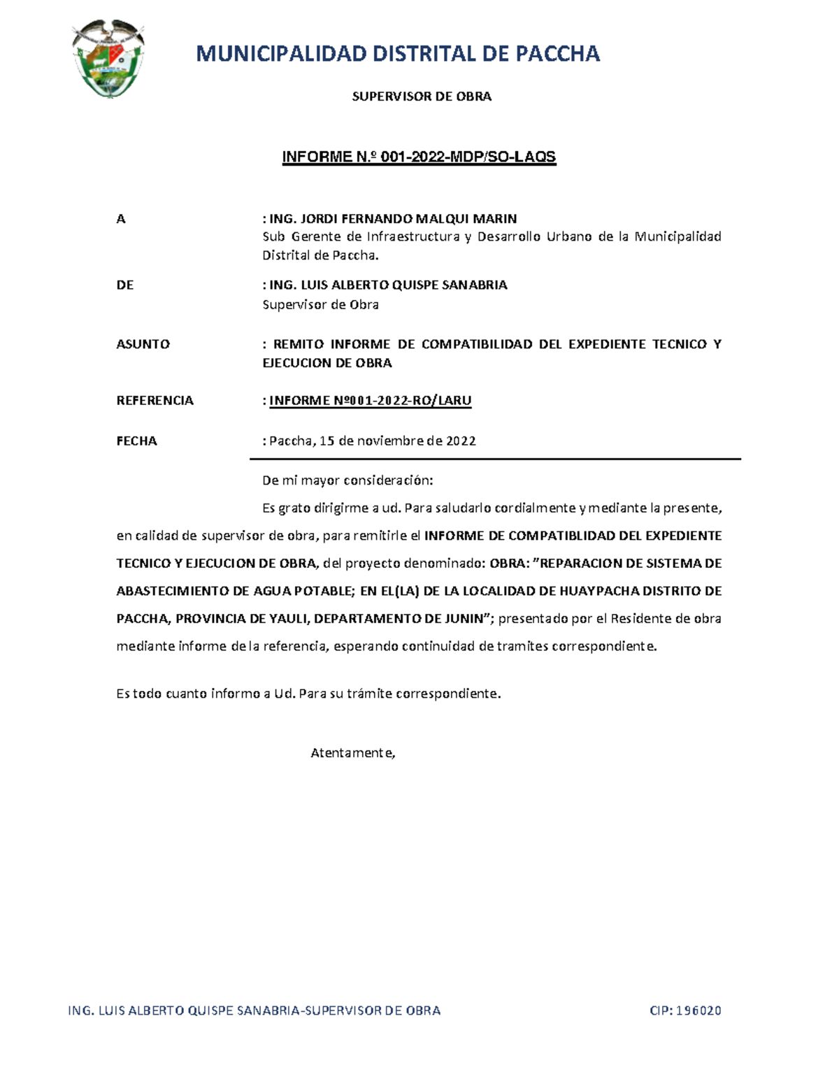 Informe de Supervisor de Obra - Proyecto de Agua Potable 001-2022 - Studocu