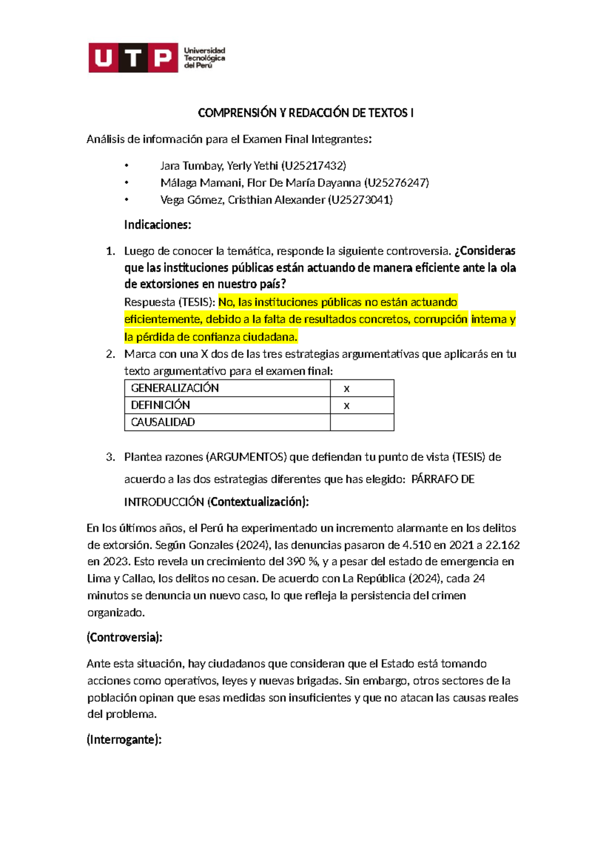 Análisis de la Eficiencia de Instituciones Públicas ante la Extorsión - Examen - Document Preview