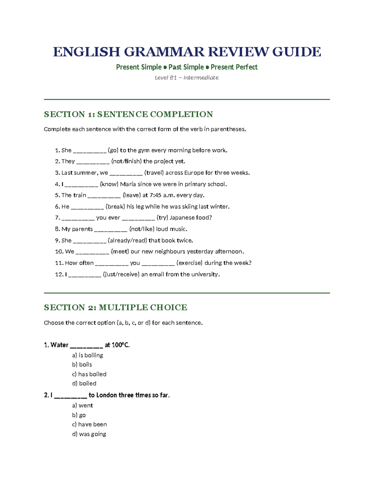 English Grammar Review Guide B1: Tenses & Comprehension Exercises - Studocu