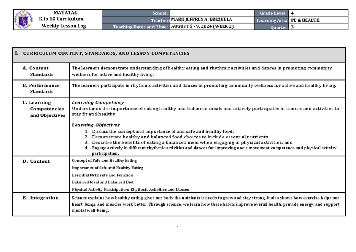 EDUC 90 WLL Finals - n/a - I. CURRICULUM CONTENT, STANDARDS, AND LESSON ...