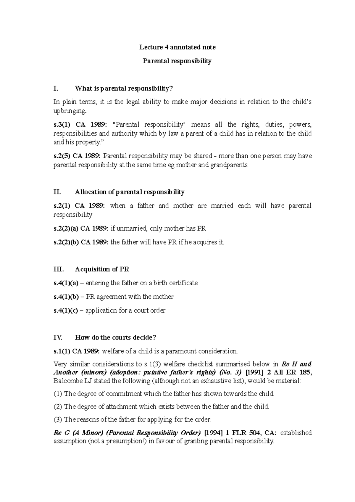 Lecture 4: Annotated Notes on Parental Responsibility (CA 1989) - Studocu