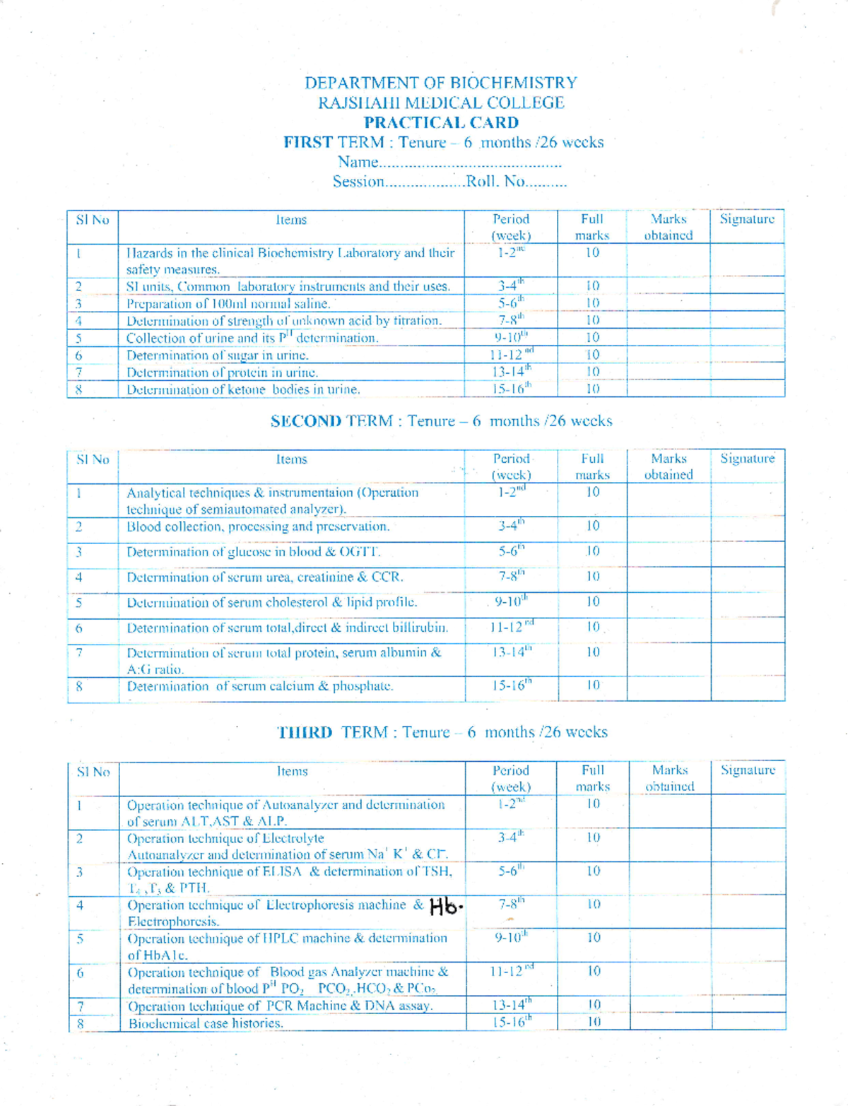 Practical Index - History - DEPARTMENT OF BIOCHEMISTRY RAJSHAHI MEDICAL ...