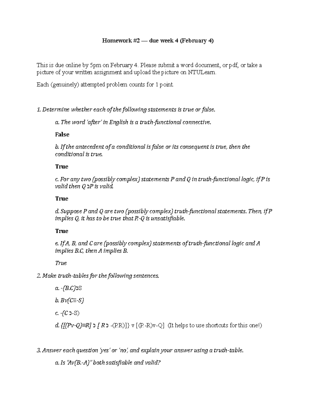 Homework 2 - Due Week 4 (Feb 4) - Logic Truth-Functional Exercises ...
