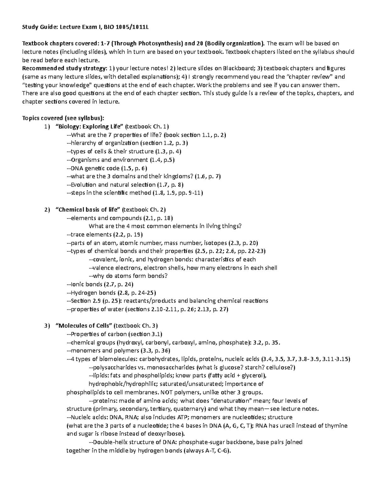 BIO1005 Final Exam Study Guide: Key Concepts in Introductory Biology ...